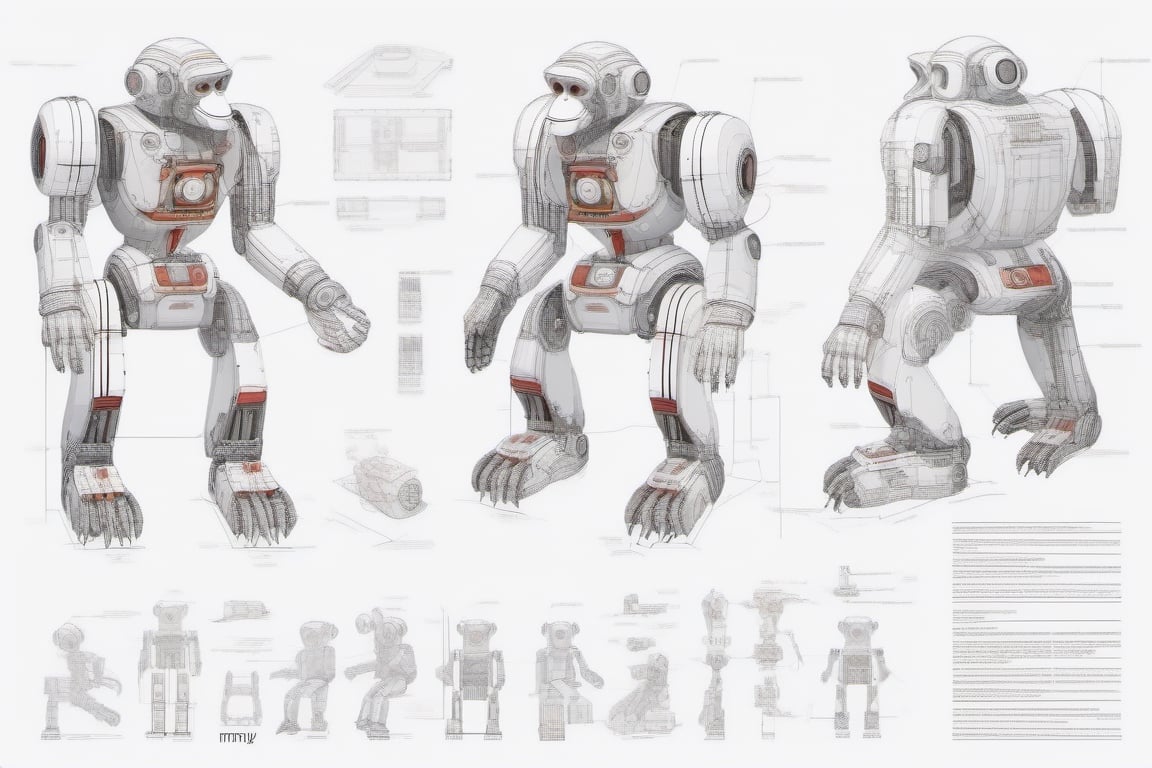 instruction schematics for assembling robot monkey, detailed high resolution, knolling style