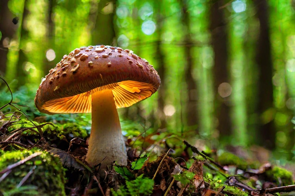 mushroom, forest, colorful, backlighting, from below