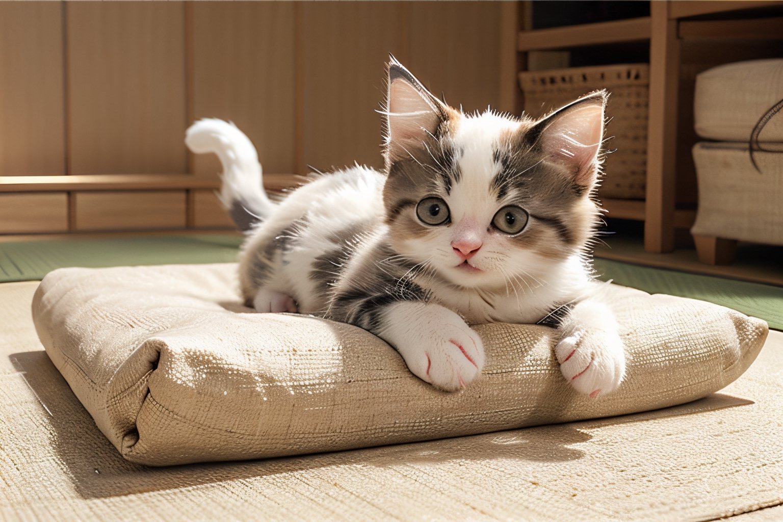 a white and calico kitten stretching lazily, cute,
indoor, japanese room,
Photorealistic,(Masterpiece:1.2, high quality),cat,