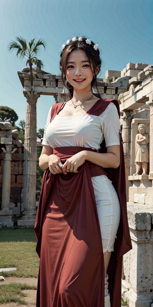 Woman in ancient Greek costume, hands folded, smiling, ancient Roman ruins in background, full-length portrait,asian girl, skirt_lift 