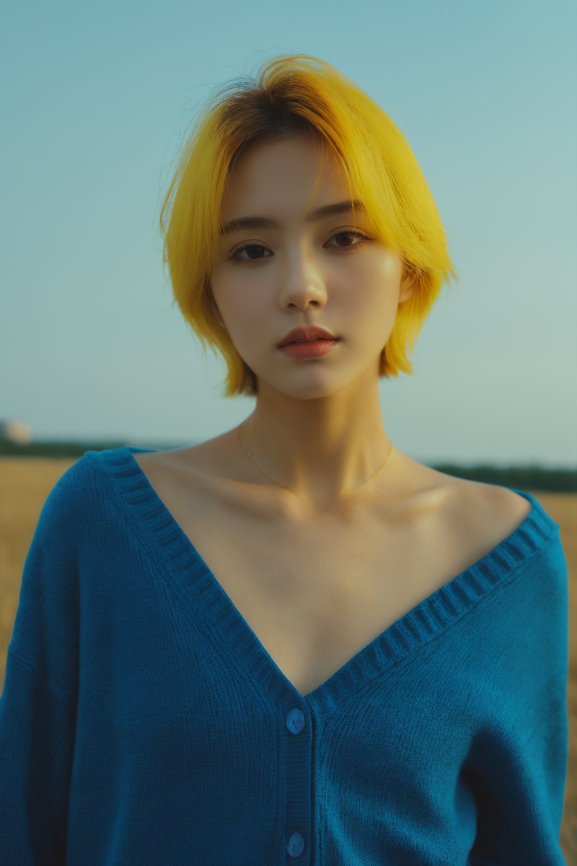 xxmixgirl, 1girl detailed, surreal gradient contemporary, nature, photography, photography-color, portraits, street-art, short_hair, yellow_hair, naked, no_clothes, urban-life, vibrant (lofi, analog, kodak film) Marta Bevacqua