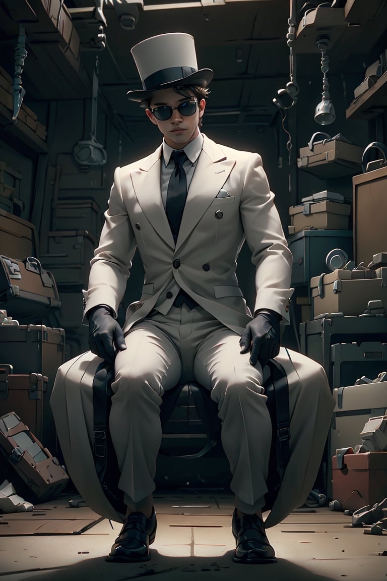 (photo HDR 8K), a powerful muscular white tiger in a business suit, with a top hat, black gloves, black sunglasses, with sharp eyes, leaning against the wall, in a place full of sports cars, with a movie atmosphere