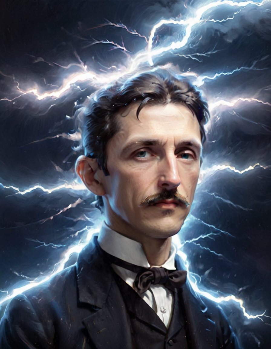 Creating a Portrait of the electricity world by  Nikola Tesla,composed of elements of thunder,thunder,electricity