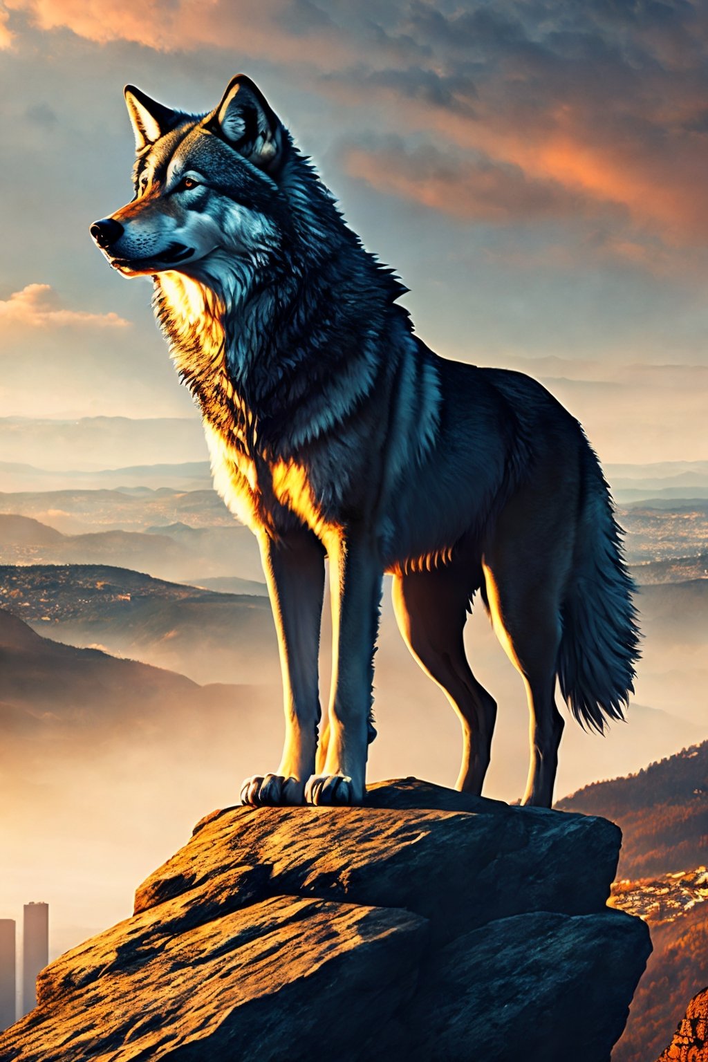 A wolf, face sideways, sitting on the top of a mountain, overlooking the city,  no humans, 