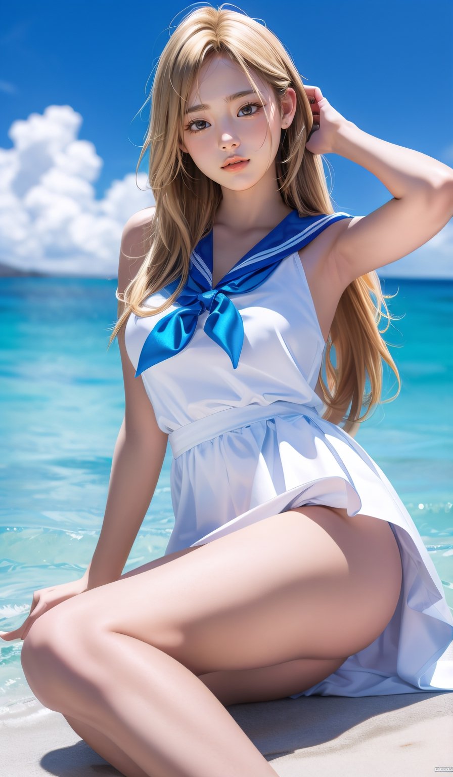 14k, UHD, high quality product, 2.5D drawing, sexy 16 year old girl, golden hair, blonde hair, beach background, (perfect body proportions), beautiful legs, long legs, tall girl, looking_at_viewer, beautiful smile, showing panties between legs, big_breast, smooth skin, (slim body,), (sky-blue color eyes),No bra, exposed breasts, seductive thighs, shiny and moist red lips, from head to toe, ((The body is revealed, the body is highlighted, )), (dress white colors), (A pose that shows the entire body,), dream_girl, cheek makeup,long eyelashes, ,sailor_girls