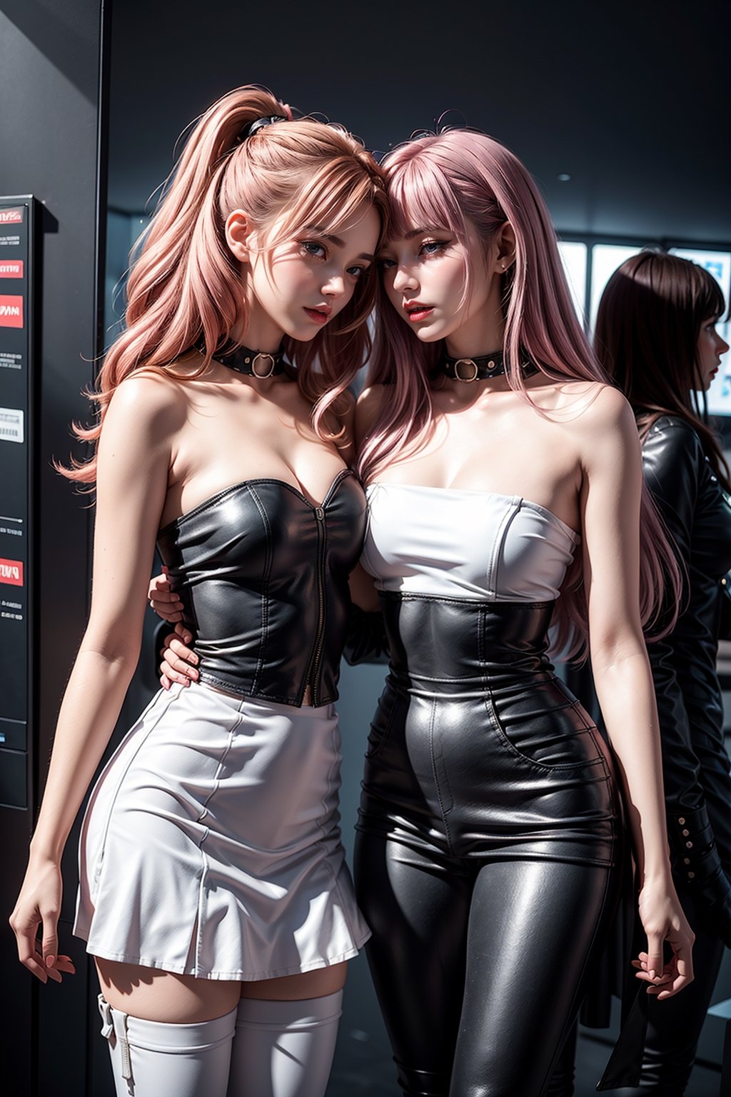 Against the backdrop of a retro poster, two young women in futuristic mecha strapless battlesuits embrace and kiss each other in an intimate embrace, with bustier skirts on top and ripped leather trousers on the bottom, revealing long, slender legs in a 1990s sci-fi movie vibe. The two female characters' hairstyles are soft purple and pink hair respectively, and their make-up is a bold red lip. With her silky mane, her confident stance and edgy look embodies the leggy girl sex appeal of the era.