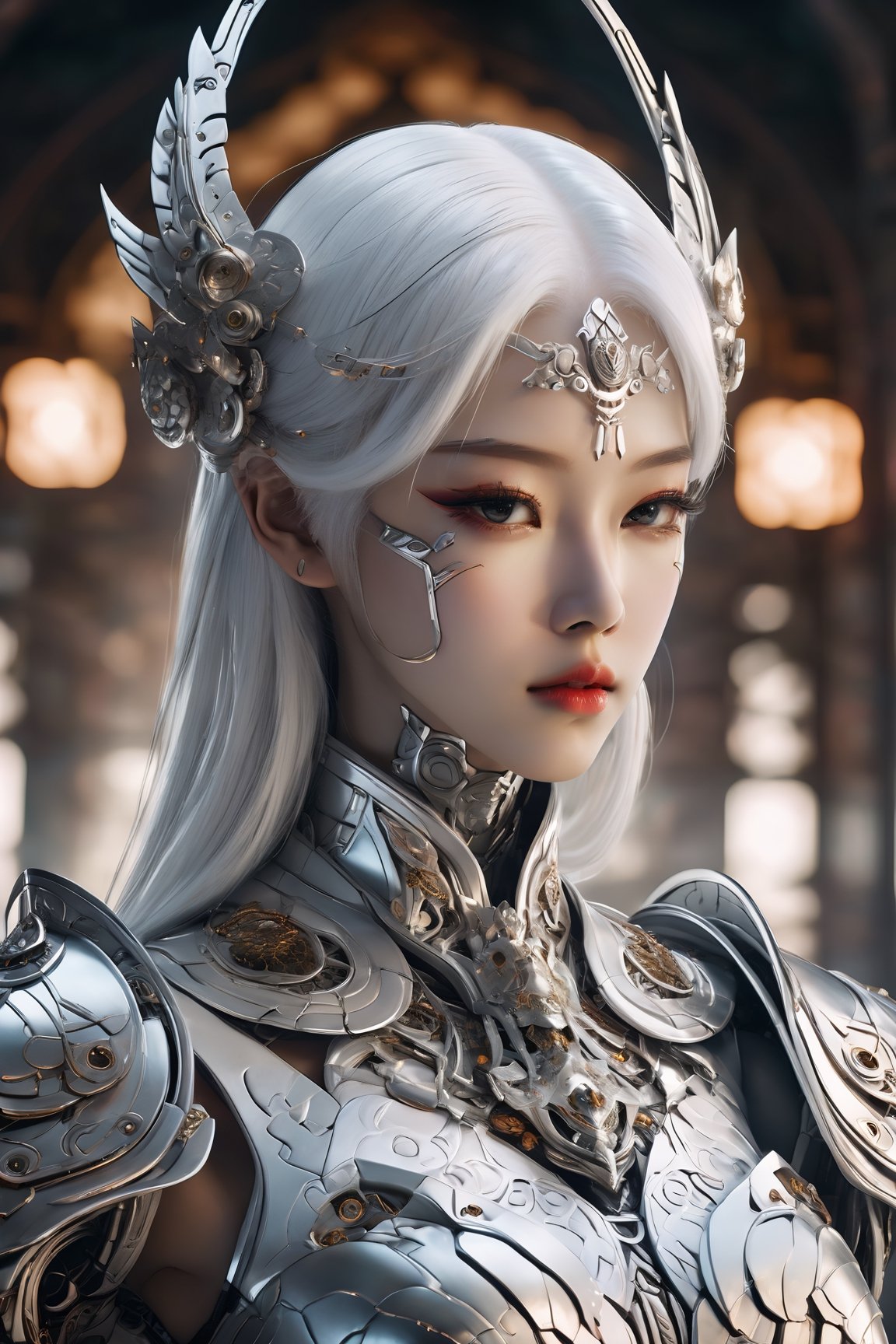 Stunning surreal photography of beautiful cyborg oriental woman, white hair, huge breasts, (beautiful and detailed armour), delicate white filigree, intricate filigree, glowing, navel, highly detailed, intricately detailed, symmetry of face, masterpiece, award-winning, sharp focus, conceptual art, understated, 8K, UHD, low key, octave rendering