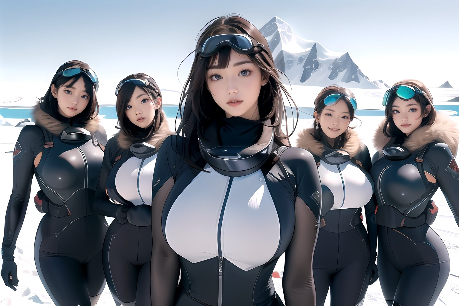 1girl, big breasts: 1.7, Antarctica background, photorealistic, super high resolution, complex, super detailed, (skin dents), cute, feminine, detailed body, depth of field, color, (face details: 1.1), (Iris Contour), (Perfect Eyes), 4K, Gorgeous, (Masterpiece: 1.2), (Best Quality: 1.2), Wide Hips, Thick Thighs, (Big Breasts: 1.7), ( (Long Hair, Bangs, Long Hair )), seductive pose, lip biting, low angle view, perfect breasts, korean , (5 girls: 1.2),realhands,((polar expedition with goggles))