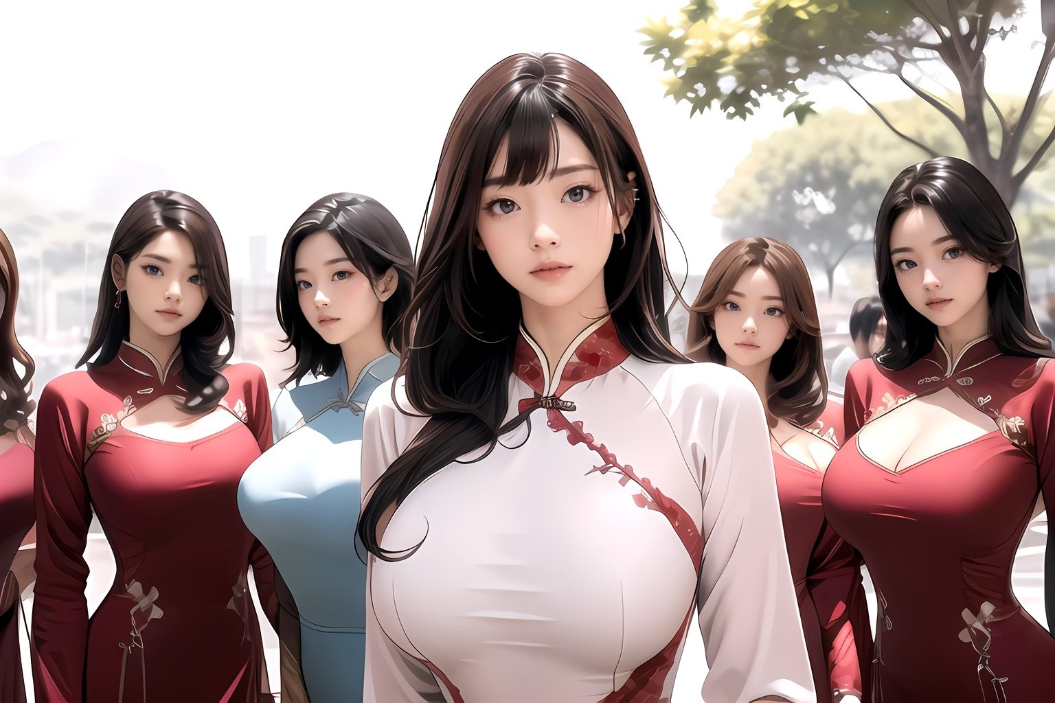 1girl, big breasts: 1.7, park background, photorealistic, super high resolution, complex, super detailed, (skin dents), cute, feminine, detailed body, depth of field, color, (face details: 1.1), (Iris Contour), (Perfect Eyes), 4K, Gorgeous, (Masterpiece: 1.2), (Best Quality: 1.2), Wide Hips, Thick Thighs, (Big Breasts: 1.7), ( (Long Hair, Bangs, Long Hair )), seductive pose, lip biting, low angle view, perfect breasts, korean , (5 girls: 1.2),realhands,((ao dai))