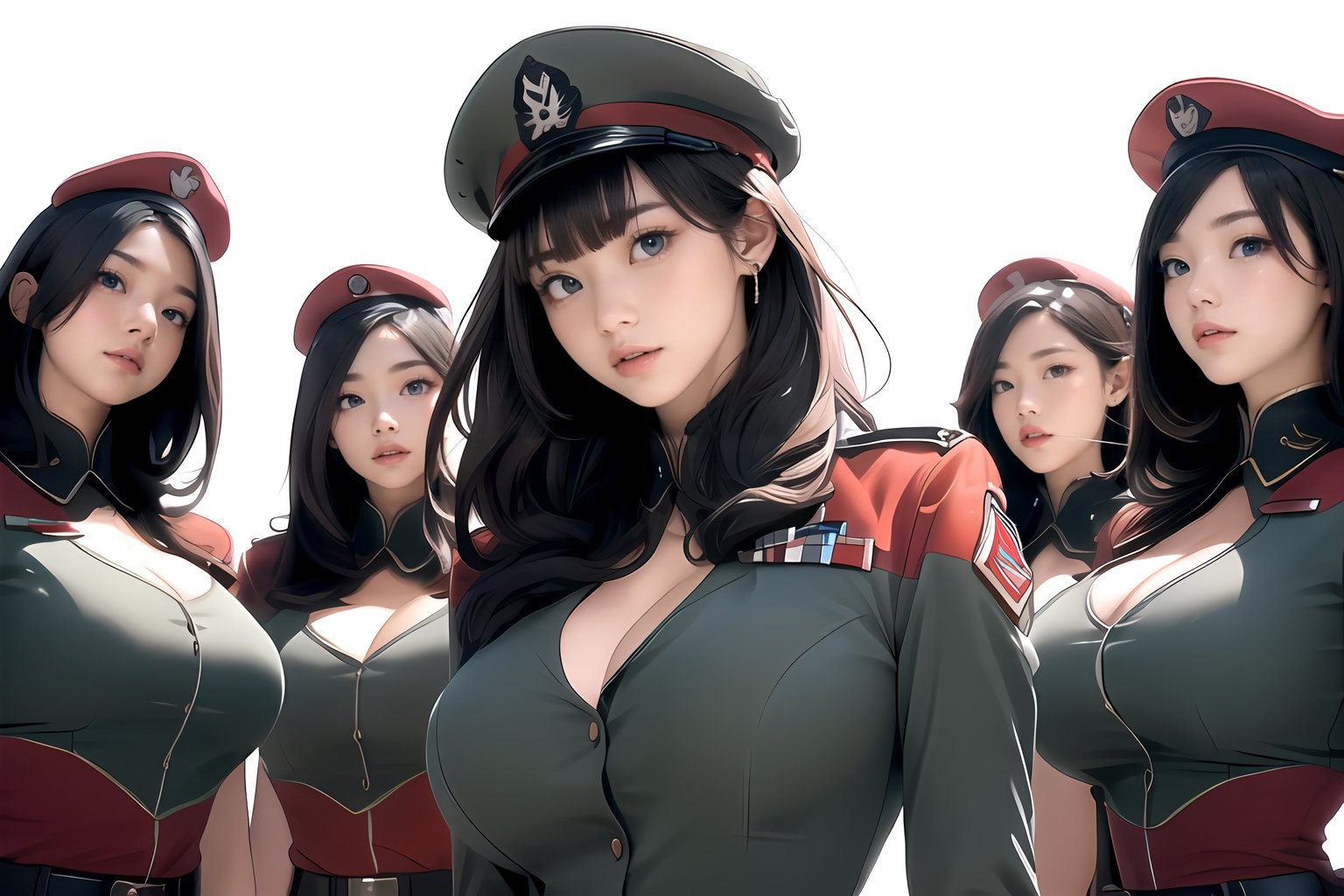 1girl, big breasts: 1.7, heaven background, photorealistic, super high resolution, complex, super detailed, (skin dents), cute, feminine, detailed body, depth of field, color, (face details: 1.1), (Iris Contour), (Perfect Eyes), 4K, Gorgeous, (Masterpiece: 1.2), (Best Quality: 1.2), Wide Hips, Thick Thighs, (Big Breasts: 1.7), ( (Long Hair, Bangs, Long Hair )), seductive pose, lip biting, low angle view, perfect breasts, korean , (5 girls: 1.2),realhands, soldiers, cap