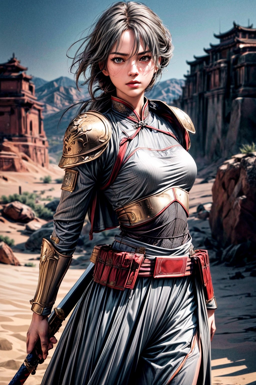 ultra high res, (masterpiece, best quality), (photorealistic:1.5), 

in a desert, (detail background: 1.3), 

1 girl jedi knight, full-body_portrait, (:1.2), 
(dynamic pose:1.1), holding a chinese sword, ready to fight, Ancient chinese heavy armor, (gray tone:1.4)