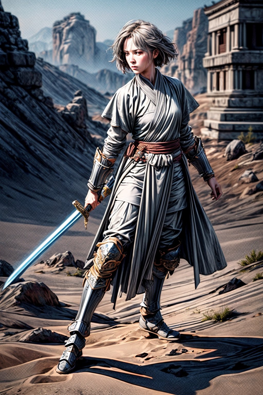 ultra high res, (masterpiece, best quality), (photorealistic:1.5), 

in a desert, (detail background: 1.3), 

1 girl jedi knight, full-body_portrait, (:1.2), 
(dynamic pose:1.1), holding a chinese sword, ready to fight, Ancient chinese heavy armor, (gray tone:1.4)