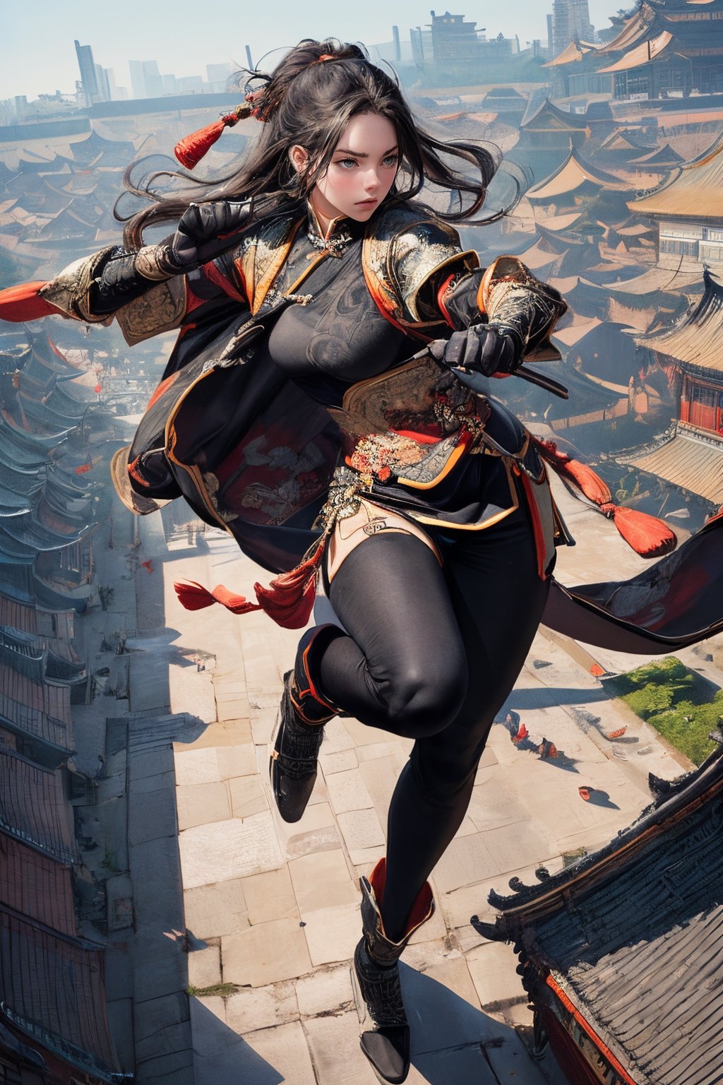 Best quality, masterpiece, ultra high res, (photorealistic:1.37), 1 beautiful female warrior, full body long shot, from above, (in a chinese palace square:1.3), (fight pose:1.3), working boots, (ultra-detailed background:1.3), (black tight tone:1.7), (ultra-detailed chinese armor style:1.3),