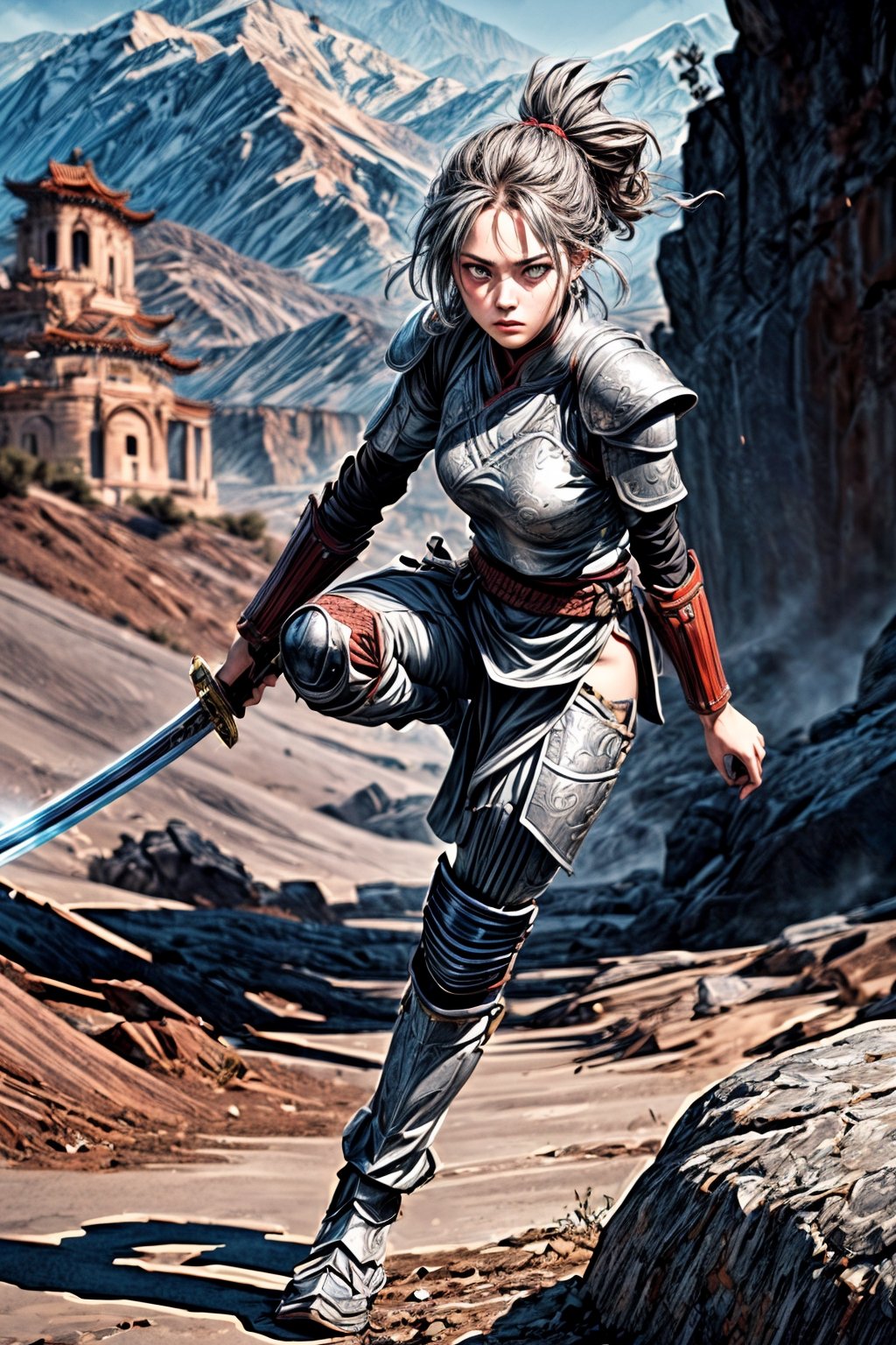 ultra high res, (masterpiece, best quality), (photorealistic:1.5), 

in a desert, (detail background: 1.3), 

1 girl jedi knight, full-body_portrait, (:1.2), 
(dynamic pose:1.1), holding a chinese sword, ready to fight, Ancient chinese heavy armor, (gray tone:1.4)