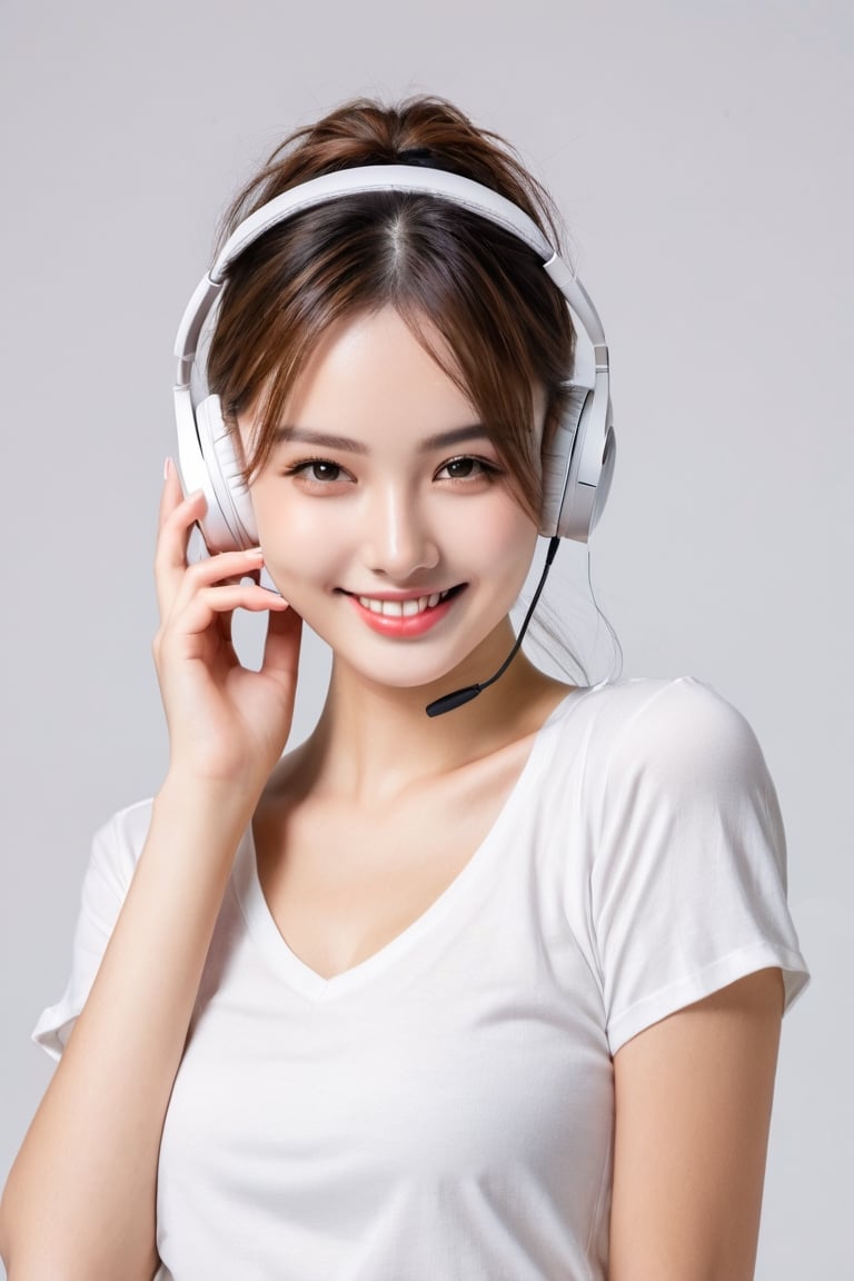 A western beauty studying on mobil phone whth ear phone, see a 45-degree turn, front gaze, , big smile, full body shot, no background