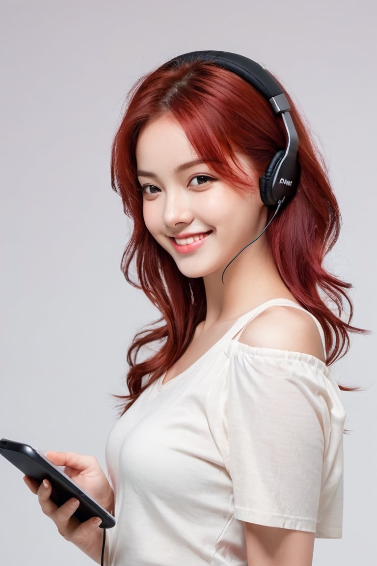 A western beauty studying on mobil phone whth ear phone, red hair, see a 45-degree turn, front gaze, , big smile, full body shot, no background