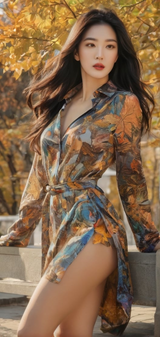 Make a Woman Enjoy Fall Outside, Beautiful Long Black Hair, Round Lips, Autumn_(Season), Fall_leaves, Vogue Face, Middle-aged Woman in Korea, Unbuttoned Shirt, Sandglass Body, High Heels, One Girl, Surreal, Super Resolution, Best Quality, Masterpiece, Deep Realism, Realistic, Realistic, Female Hero in Adult Movies, Smooth Skin, Smooth and Beautiful Face, Graceful and Delicate Face, Expression in Sexual Pleasure, Kind, Wise and Long Hair, Flamboyant and Artful Color Palette, Color Grid, Very Delicate Lighting, Full Body, Golden Sky with Good Clouds, Image Size 9:16, 3d Lender, Long Leg, 17cm High heels, nude legs, beautiful legs, 168cm tall, and right shoes should also be worn in the same high heels as left shoes. You have to wear the same style of shoes, size 55 and a half