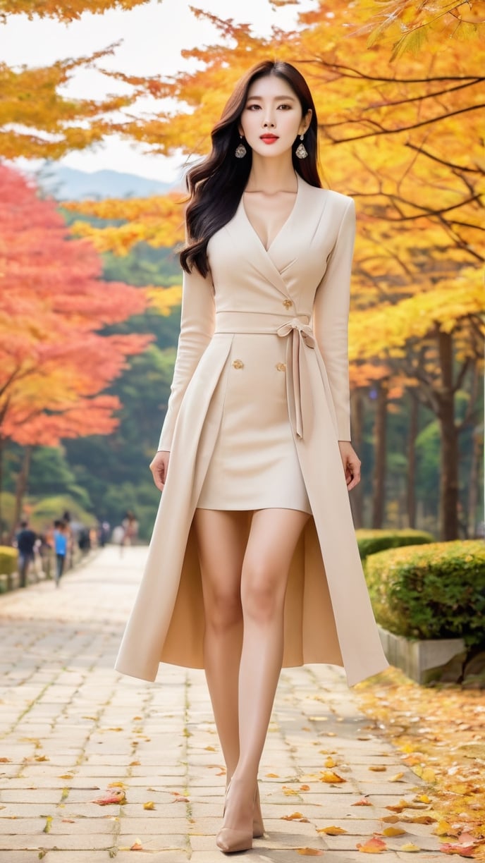 a middle-aged woman in Korea,
Korea, Nami Island in Autumn, Autumn_(season), Autumn_leaf, golden sky with very delicate clouds,
Full body image, beautiful long black hair, round lips, Vogue face, smooth skin, beautiful face, elegant and delicate face, slightly visible chest, Japanese Ero actor face, 168cm tall,
Wrap skirt, high heels, long legs, nude legs, beautiful legs, right shoes should wear the same high heels as left shoes. You have the same style of shoes, b cup chest size, firm thighs, 20cm high heels,
surreal, super resolution, best quality, masterpiece, deep realistic, realistic, realistic, gorgeous and artistic color palette, color grid, image size 9:16, 3D renter, photo r3al, detailmaster2, high detail, natural background, photographic realistic, advanced,