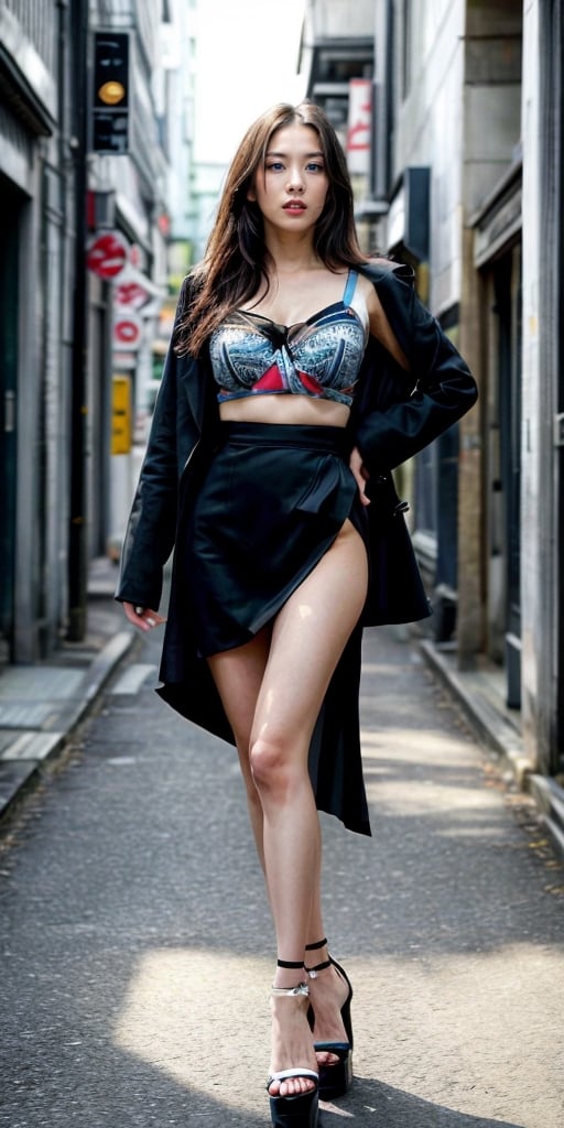 Nationality: Northeast Asia,
Gender: Female,
Age: 50 years old,
Face image: elegant and delicate face, beautiful face, beautiful long black hair, round lips,
Facial expressions: Looking straight ahead, the expression of a Japanese adult movie star,
Body type: 165 cm tall, chest size: 80 B-cup, strong thigh, moderate hip,
Pose: Standing figure, full body image, slightly visible chest, part of chest, chin raised a little bit, long legs, nude legs,
Clothes: wrap skirt,
Body details: Beautiful legs, fine skin, delicate,
Accessories: 18 cm high heels, right shoes are like left shoes,
Background and context setting: Plenty of people going around, Saturday night city alley, take off your wrap skirt,
Background light: Warm light, you areMartic Light,
Others:
Picture preferences: surreal, super resolution, best quality, masterpiece, deep realistic, realistic, realistic, gorgeous and artistic color palette, color grid, 3D renter, photo r3al, detailmaster2, high detail, natural background, photographic realistic, advanced,