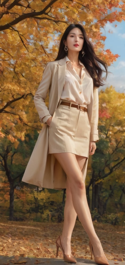 Make a Woman Enjoy Fall Outside, Beautiful Long Black Hair, Round Lips, Autumn_(Season), Fall_leaves, Vogue Face, Middle-aged Woman in Korea, Unbuttoned Shirt, Sandglass Body, High Heels, One Girl, Surreal, Super Resolution, Best Quality, Masterpiece, Deep Realism, Realistic, Realistic, Female Hero in Adult Movies, Smooth Skin, Smooth and Beautiful Face, Graceful and Delicate Face, Expression in Sexual Pleasure, Kind, Wise and Long Hair, Flamboyant and Artful Color Palette, Color Grid, Very Delicate Lighting, Full Body, Golden Sky with Good Clouds, Image Size 9:16, 3d Lender, Long Leg, 17cm High heels, nude legs, beautiful legs, 168cm tall, and right shoes should also be worn in the same high heels as left shoes. You have to wear the same style of shoes