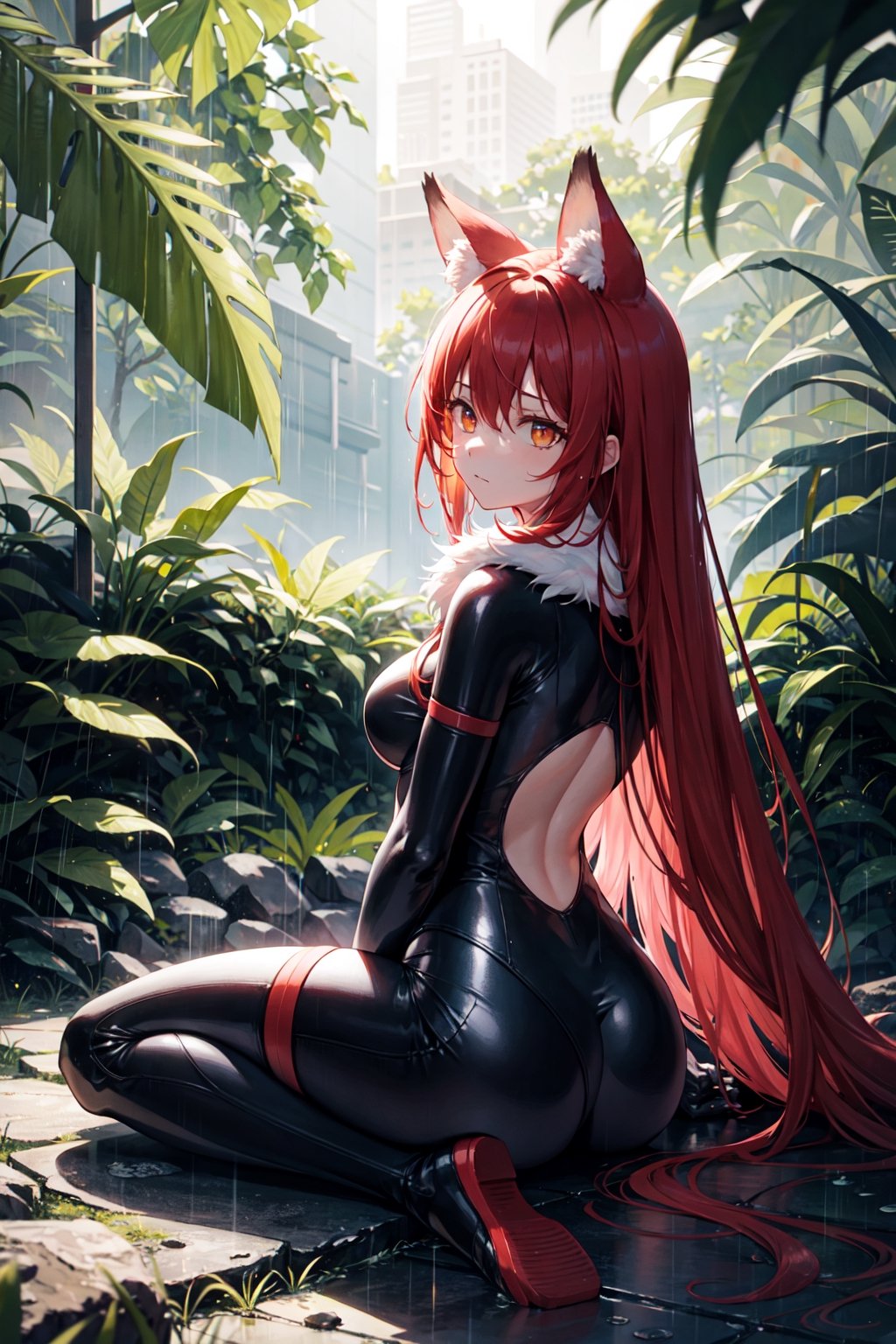 (masterpiece), outdoors, heavy rain, sitting, cliff, jungle, horizon, nighttime, darkness, 1girl, depressed look, looking back, full body suit, red hair, long hair, black_gloves, fur_in_ears, fox ears