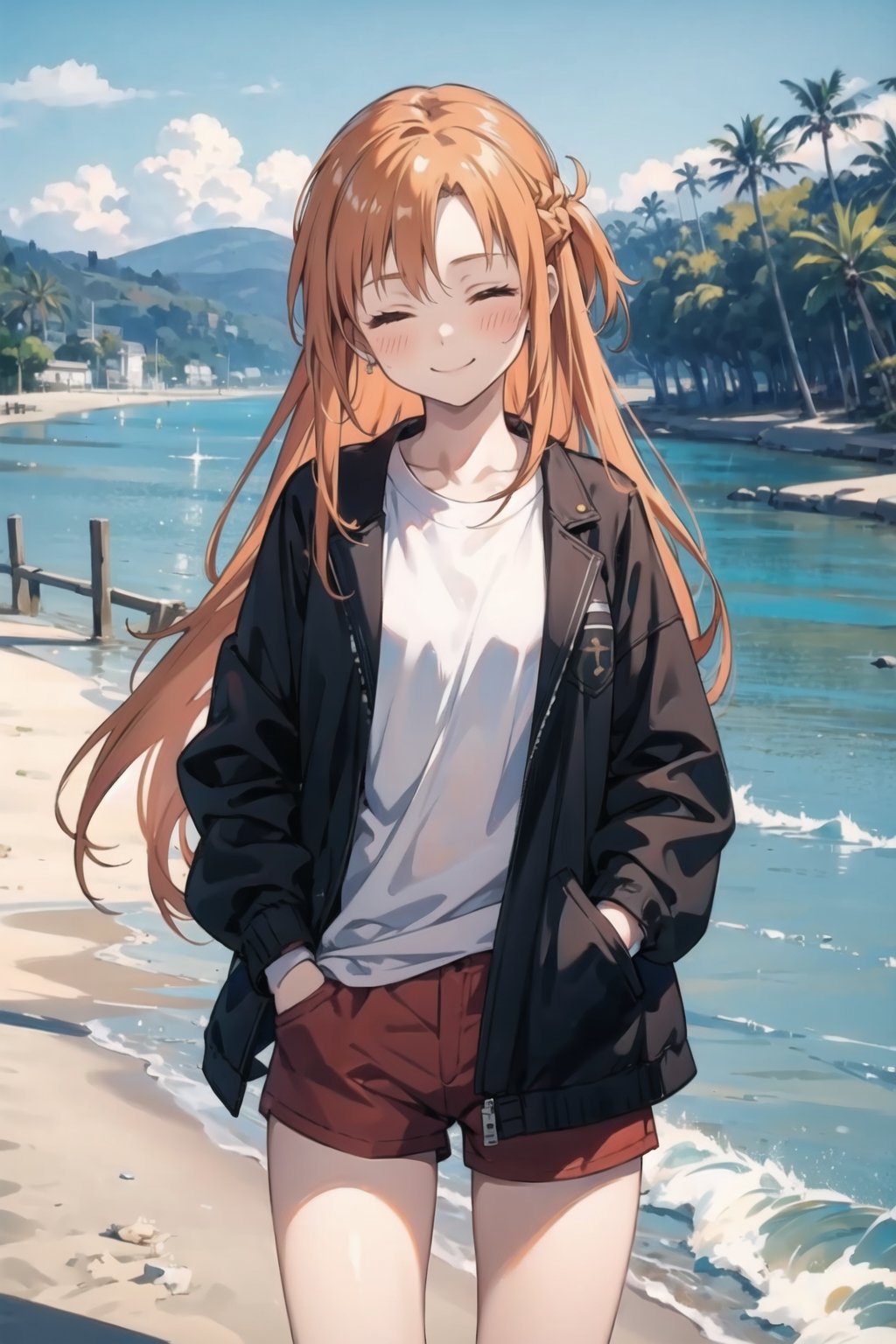 One girl (at a lake), day time, shy smile, happy eyes, almost closed eyes, blushing shy face( blush), long orange hair, hands in pocket, masterpieces (masterpiece :1.1), best quality, high quality, clothes( red shorts, detailed hands, white shirt, black jacket ) (clothes :1.2), background ( beach:1.2), clean sky, beach, lake, trees, high sun),aaasuna, Asuna Yuuki