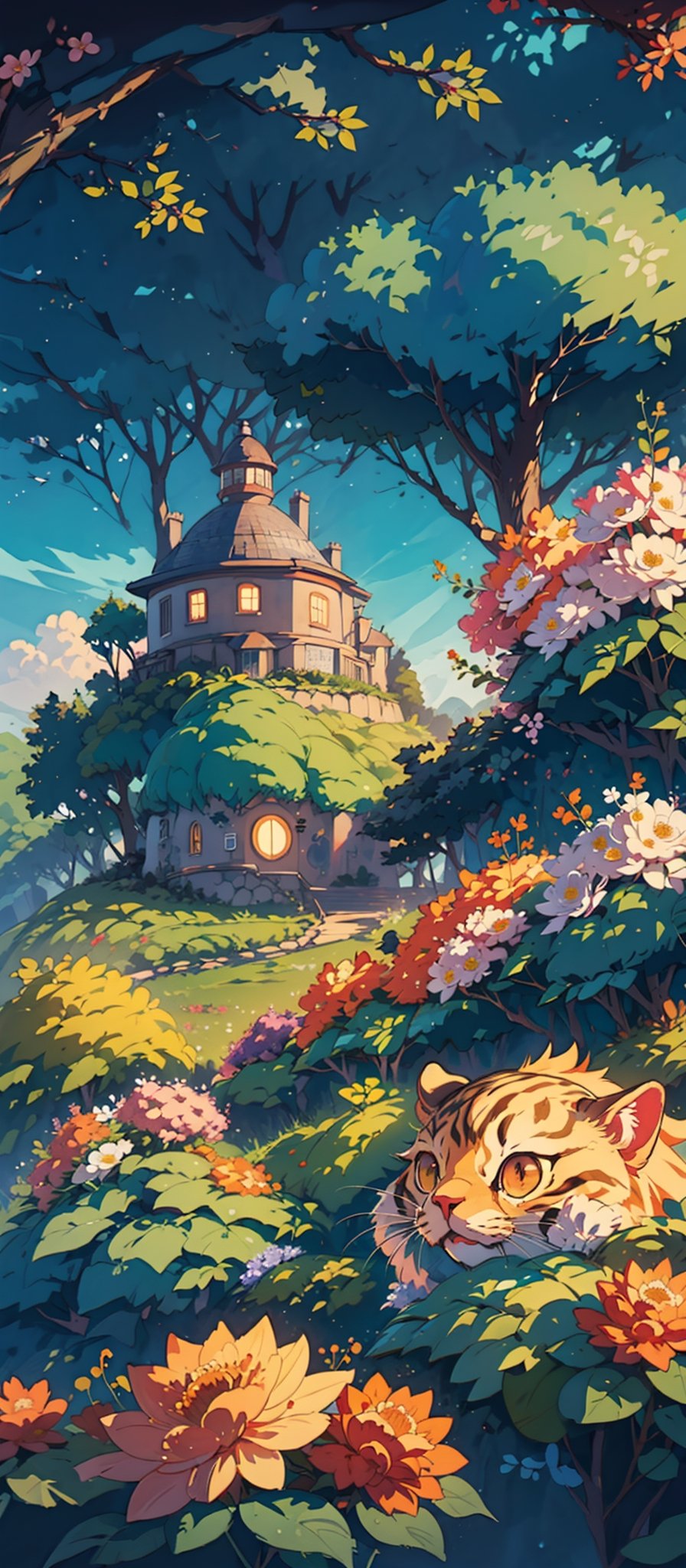 several cat characters in an interior with trees and plants on it and flowers on the walls, tumblr, Artstation, doku-doku-kinoko, magical realism, Fairy tale, Line, magic realism, pixiv, Flower, cg society, storybook illustration, Anime, Beatrix Potter, totorina, Subterranean, Still life, Magical girl, Animal tale, Adventure fantasy, still life, rayonism, aestheticism, Landscape, neo-romanticism, capy-shuupan, Georgette Chen, Chang Ucchin, Hidari, Jeanne-Claude, computer graphics, cgsociety, shinei-neko-hakase, uri-tan,EpicArt