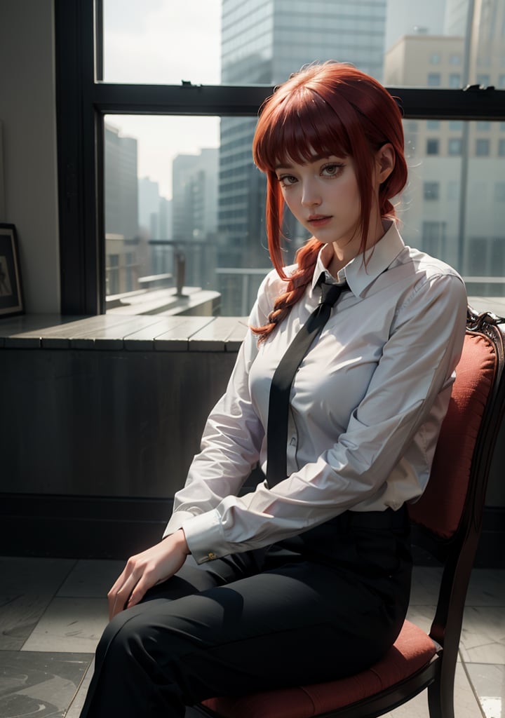 Best quality, masterpiece, ultra high res, (photorealistic:1.5), raw photo, 1girl, Beautiful eyes, cinematic, atmospheric effects, Makima, sitting on throne, wearing long sleeve shirt with tie, black pants, smiling, cross legs