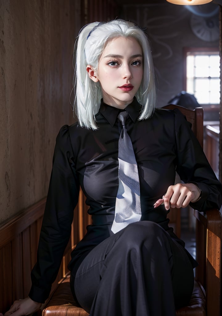 Best quality, masterpiece, ultra high res, (photorealistic:1.5), raw photo, 1girl, Beautiful eyes, cinematic, atmospheric effects, Mei mei, Black suit, White necktie, white hair, sitting down