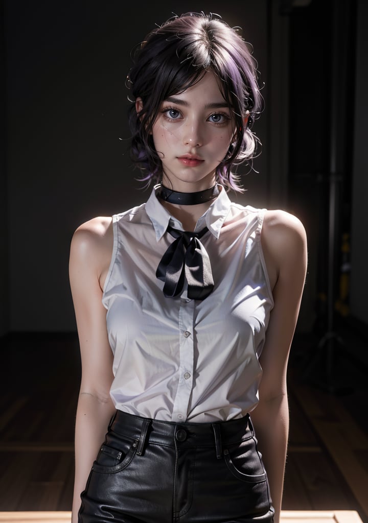 Best quality, masterpiece, ultra high res, (photorealistic:1.5), raw photo, 1girl, Beautiful eyes, cinematic, atmospheric effects, Reze , hair bun ,reze chainsawman, purple hair, sleeveless white blouse, black ribbon, black shorts