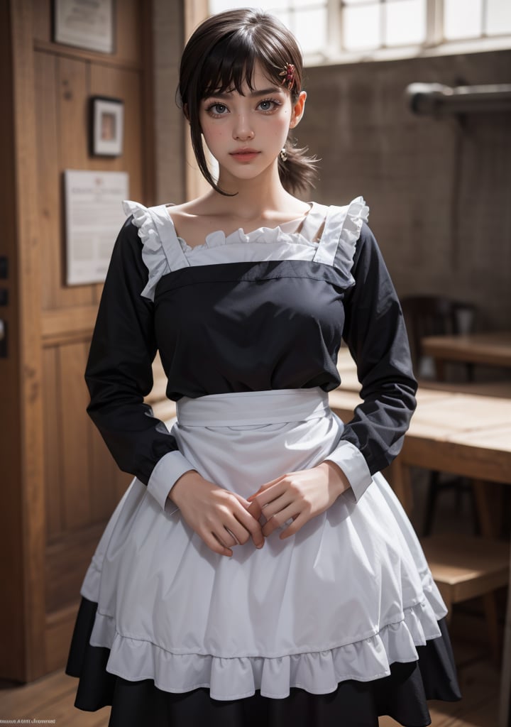 Best quality, masterpiece, ultra high res, (photorealistic:1.5), raw photo, 1girl, Beautiful eyes, cinematic, atmospheric effects, Kobeni, wearing maid dress, standing straight, full covered, non-revealing, modest