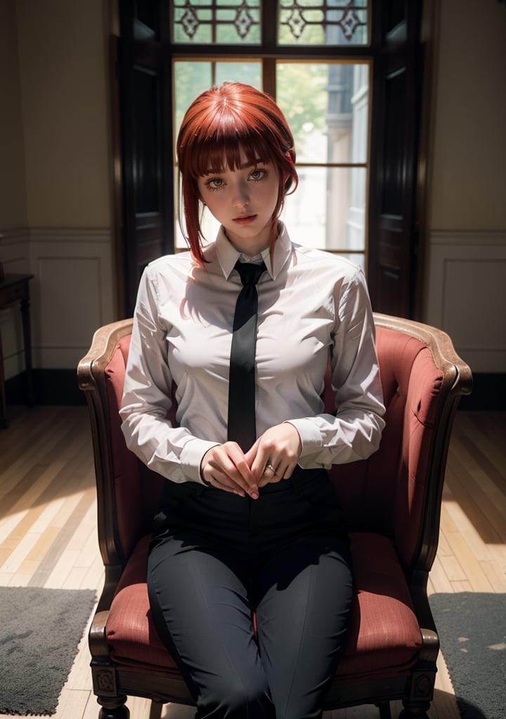 Best quality, masterpiece, ultra high res, (photorealistic:1.5), raw photo, 1girl, Beautiful eyes, cinematic, atmospheric effects, Makima, sitting on throne, wearing long sleeve shirt with tie, black pants, smiling, cross legs