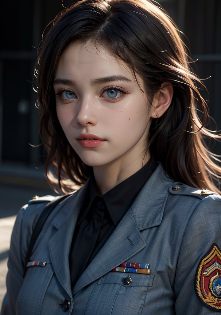 Best quality, masterpiece, ultra high res, (photorealistic:1.5), raw photo, 1girl, Beautiful eyes, cinematic, atmospheric effects, soldier, marine, wearing marine uniform, marked "UN"