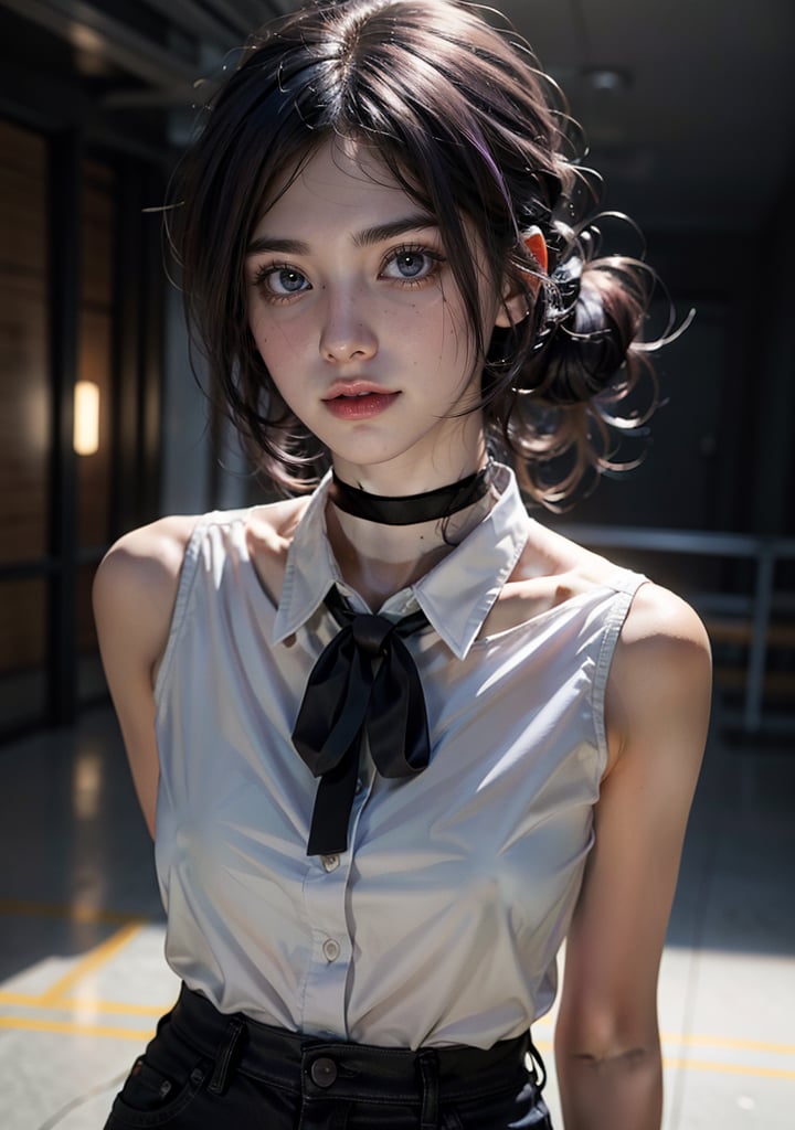 Best quality, masterpiece, ultra high res, (photorealistic:1.5), raw photo, 1girl, Beautiful eyes, cinematic, atmospheric effects, Reze , hair bun ,reze chainsawman, purple hair, sleeveless white blouse, black ribbon, black shorts