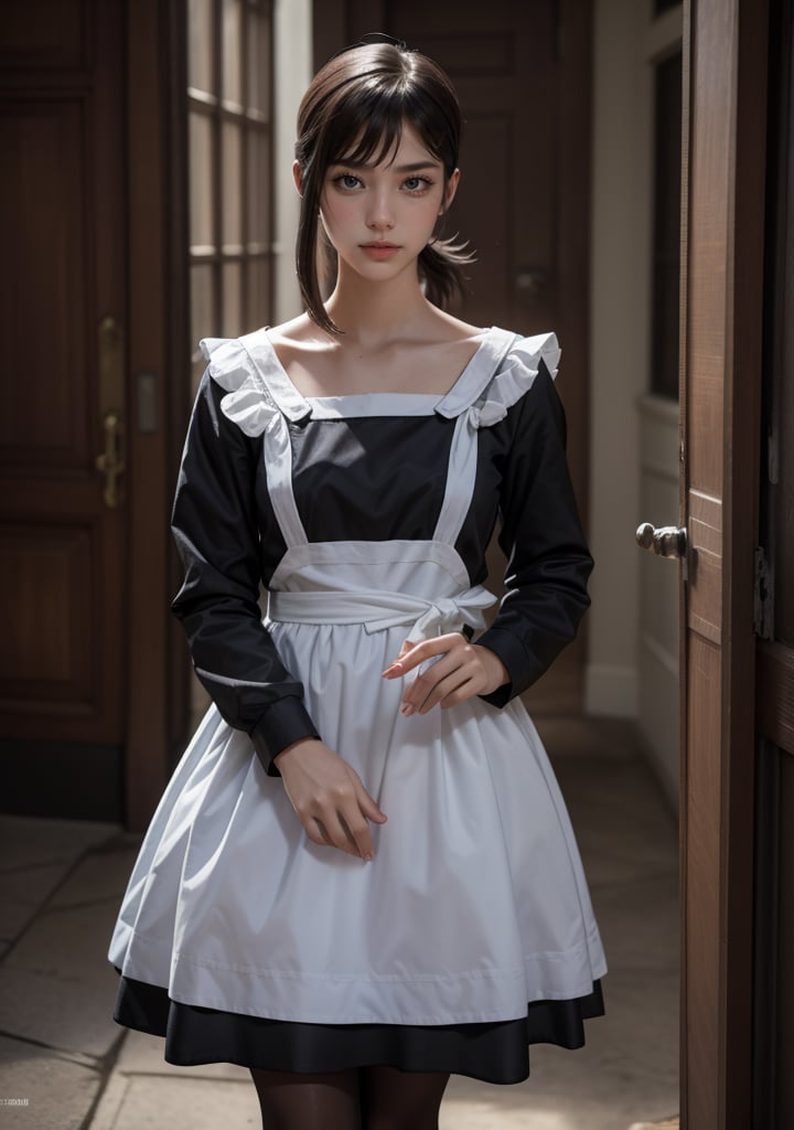 Best quality, masterpiece, ultra high res, (photorealistic:1.5), raw photo, 1girl, Beautiful eyes, cinematic, atmospheric effects, Kobeni, wearing maid dress, standing straight, full covered, non-revealing, modest