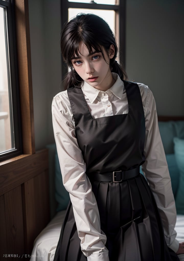 Best quality, masterpiece, ultra high res, (photorealistic:1.5), raw photo, 1girl, Beautiful eyes, cinematic, atmospheric effects, asa_mitaka, black hair, black ribbon, pinafore dress, black pinafore dress, brown eyes, manga, anime,