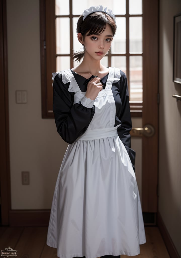 Best quality, masterpiece, ultra high res, (photorealistic:1.5), raw photo, 1girl, Beautiful eyes, cinematic, atmospheric effects, Kobeni, wearing maid dress, standing straight, full covered, non-revealing, modest