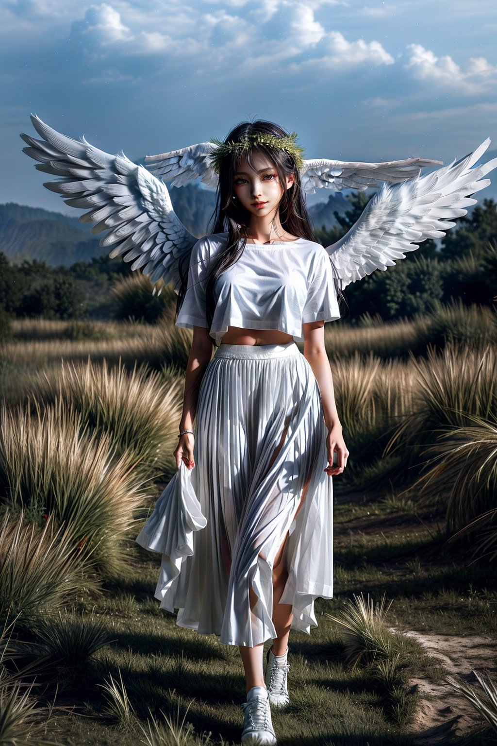 Angel,walking,grassfield,long skirt,white shirt,white skirt,beautiful face, white wings, sceneric