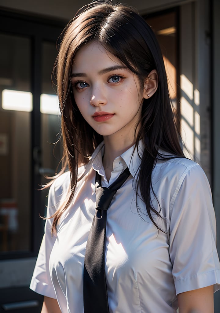 Best quality, masterpiece, ultra high res, (photorealistic:1.5), raw photo, 1girl, Beautiful eyes, cinematic, atmospheric effects, School girl, School uniform, teasy look. smirk, smug