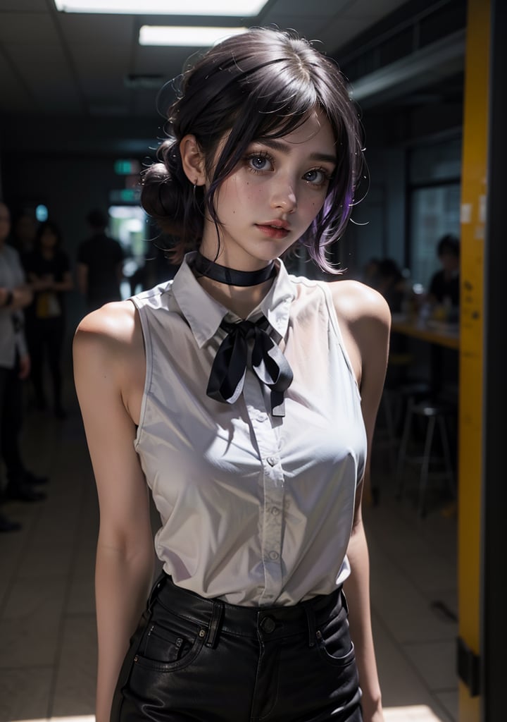 Best quality, masterpiece, ultra high res, (photorealistic:1.5), raw photo, 1girl, Beautiful eyes, cinematic, atmospheric effects, Reze , hair bun ,reze chainsawman, purple hair, sleeveless white blouse, black ribbon, black shorts