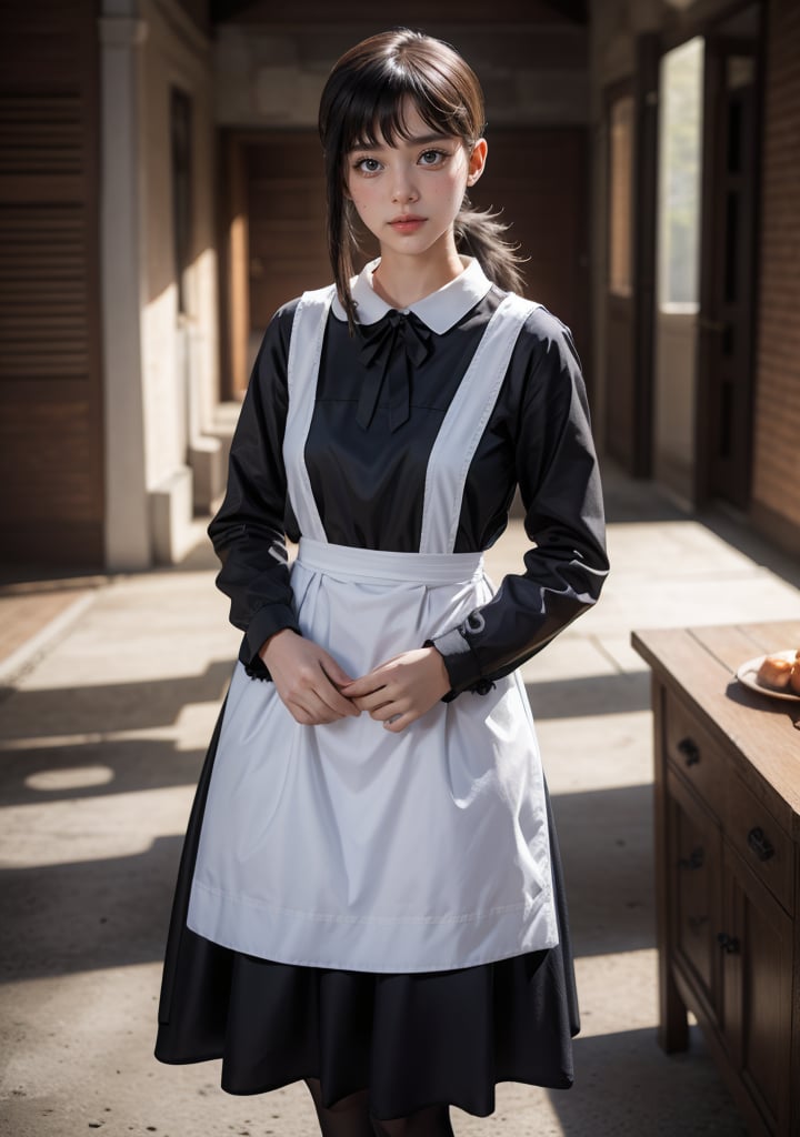 Best quality, masterpiece, ultra high res, (photorealistic:1.5), raw photo, 1girl, Beautiful eyes, cinematic, atmospheric effects, Kobeni, wearing maid dress, standing straight, full covered, non-revealing, modest,