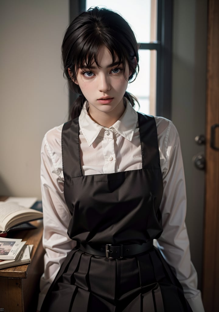 Best quality, masterpiece, ultra high res, (photorealistic:1.5), raw photo, 1girl, Beautiful eyes, cinematic, atmospheric effects, asa_mitaka, black hair, black ribbon, pinafore dress, black pinafore dress, brown eyes, manga, anime,