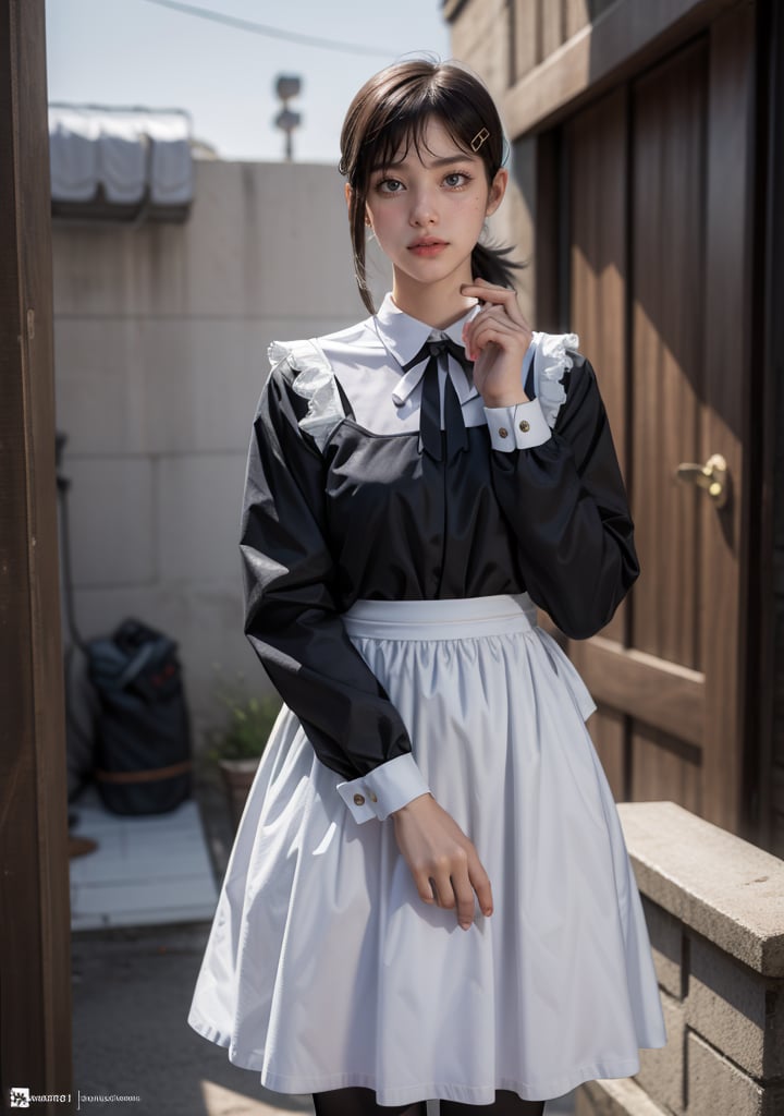 Best quality, masterpiece, ultra high res, (photorealistic:1.5), raw photo, 1girl, Beautiful eyes, cinematic, atmospheric effects, Kobeni, wearing maid dress, standing straight, full covered, non-revealing, modest