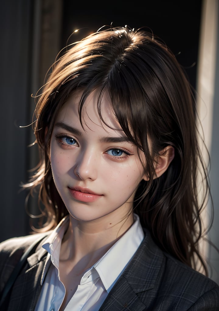 Best quality, masterpiece, ultra high res, (photorealistic:1.5), raw photo, 1girl, Beautiful eyes, cinematic, atmospheric effects, School girl, School uniform, teasy look. smirk, smug