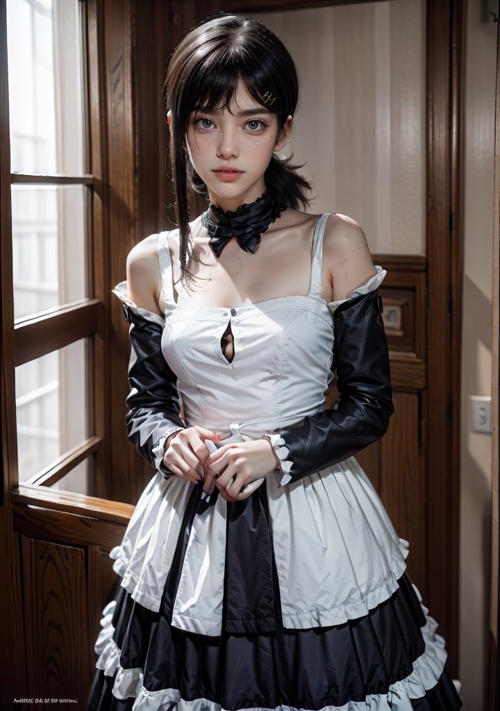 Best quality, masterpiece, ultra high res, (photorealistic:1.5), raw photo, 1girl, Beautiful eyes, cinematic, atmospheric effects, Kobeni, wearing maid dress, standing straight, full covered, non-revealing, modest