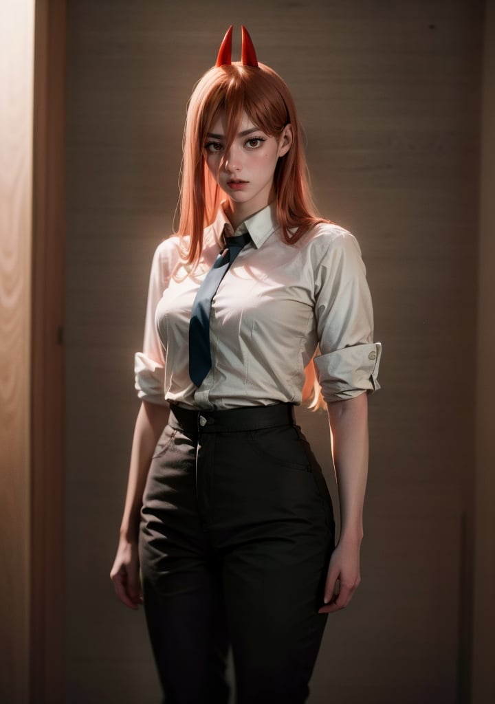 Best quality, masterpiece, ultra high res, (photorealistic:1.5), raw photo, 1girl, Beautiful eyes, cinematic, atmospheric effects, Power, wearing shirt and necktie, wearing black pants, smugging, red horns, standing up