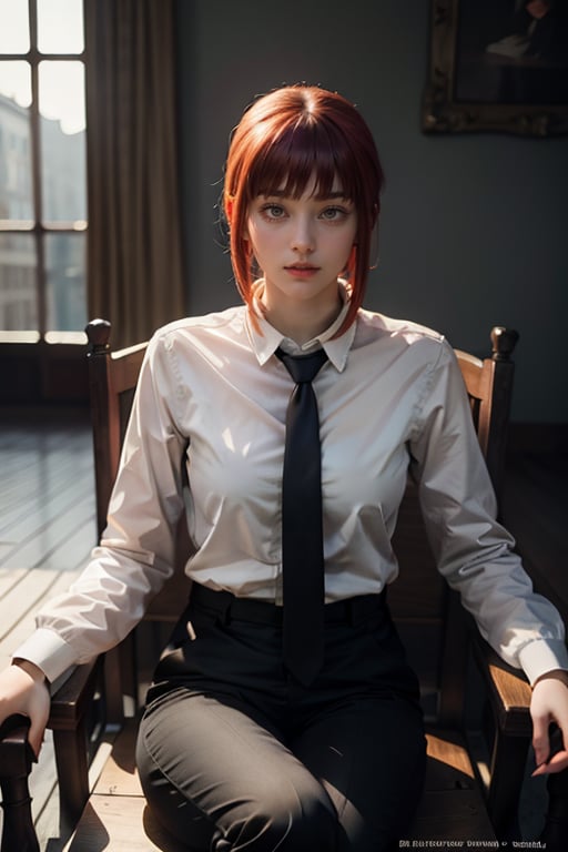 Best quality, masterpiece, ultra high res, (photorealistic:1.5), raw photo, 1girl, Beautiful eyes, cinematic, atmospheric effects, Makima, sitting on throne, wearing long sleeve shirt with tie, black pants, smiling, cross legs, dominating face