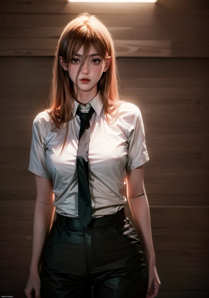 Best quality, masterpiece, ultra high res, (photorealistic:1.5), raw photo, 1girl, Beautiful eyes, cinematic, atmospheric effects, Power, wearing shirt and necktie, wearing black pants, smugging,