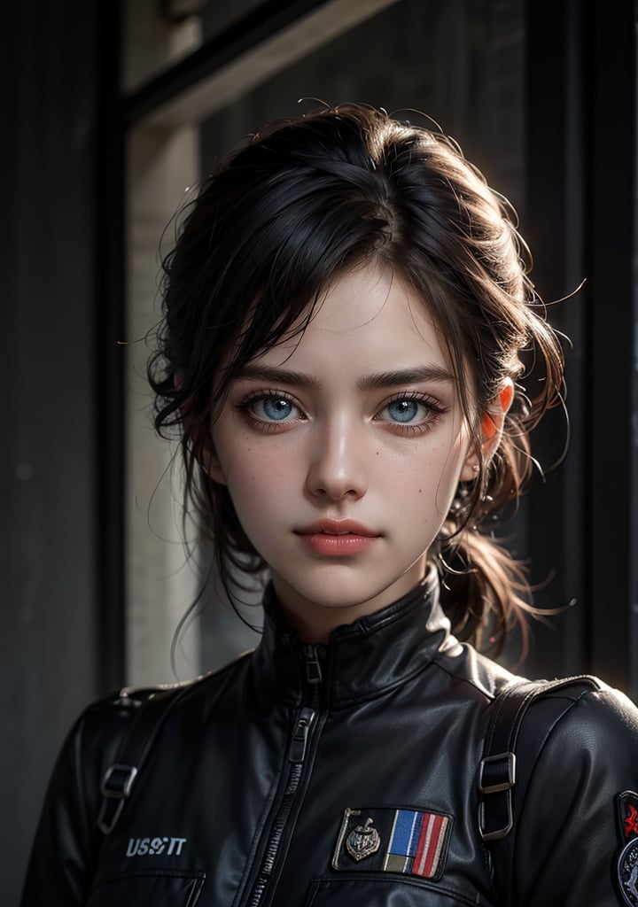 Best quality, masterpiece, ultra high res, (photorealistic:1.5), raw photo, 1girl, Beautiful eyes, cinematic, atmospheric effects, soldier, SWAT, wearing black SWAT uniform, marked "UN"