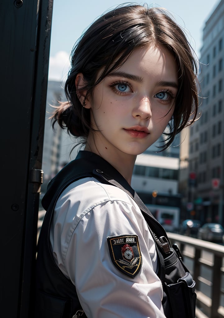 Best quality, masterpiece, ultra high res, (photorealistic:1.5), raw photo, 1girl, Beautiful eyes, cinematic, atmospheric effects, soldier, SWAT, wearing SWAT uniform, marked "UN"